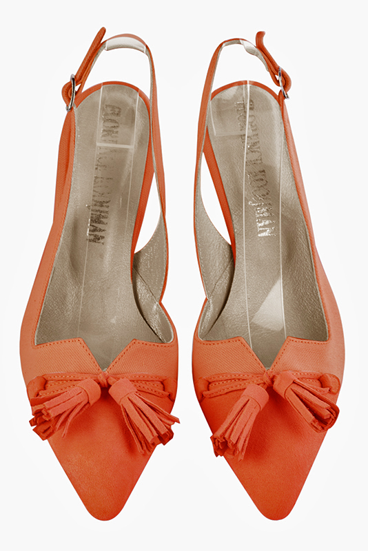 Clementine orange women's open back shoes, with a knot. Tapered toe. Medium slim heel. Top view - Florence KOOIJMAN